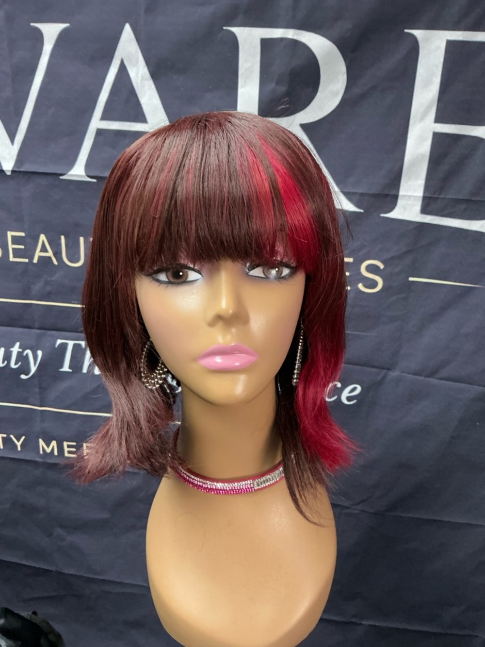 Stylish Burgundy and Hot Pink Women’s Synthetic Wig with Bangs